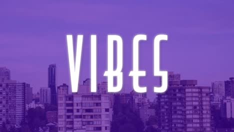 Animation-of-vibes-text-in-white-over-purple-sky-and-cityscape