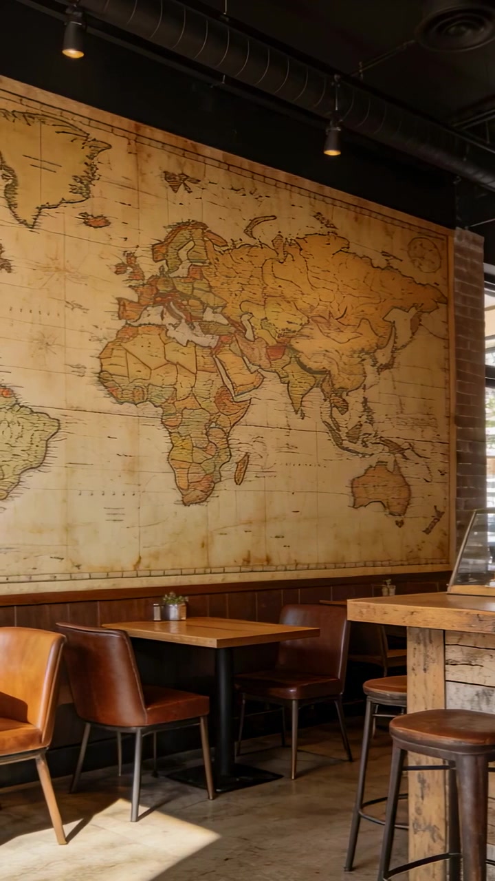 Vertical video: Panning camera in cozy cafe showing vintage map, rustic counter as light shifts