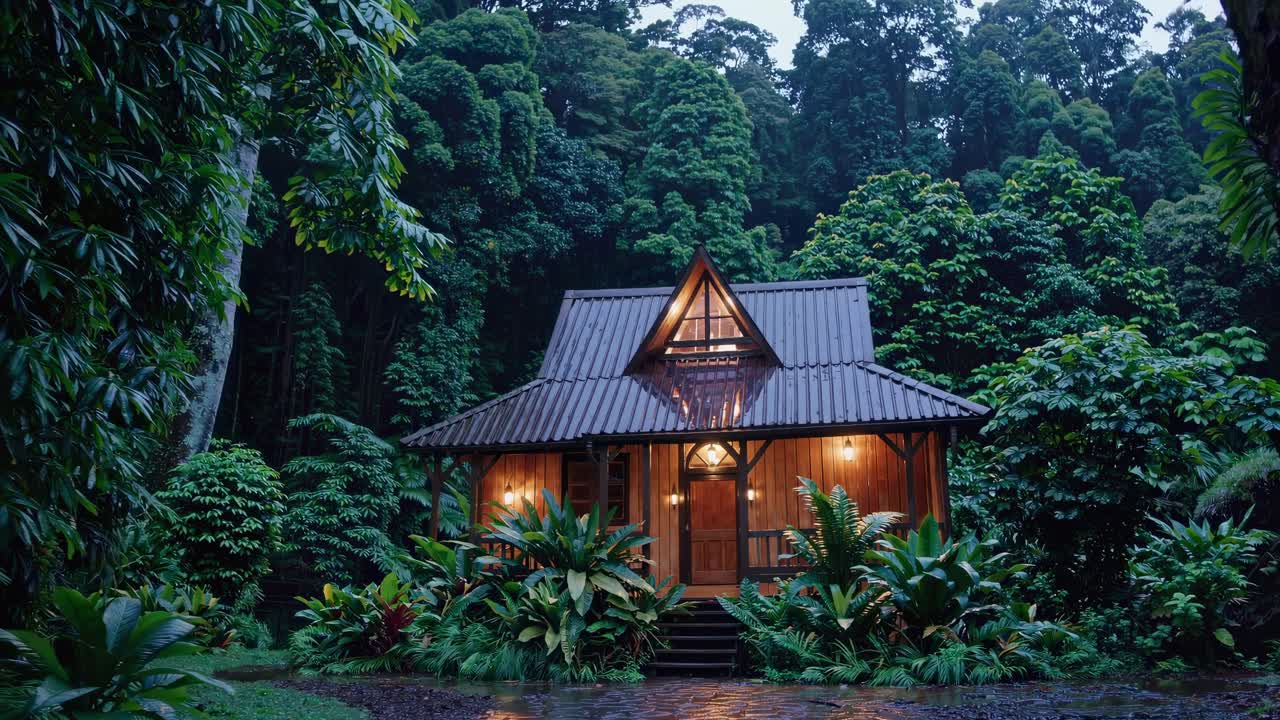 A cozy cabin nestled in lush forest, captured from a low-angle