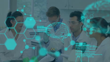 animación del procesamiento de datos científicos sobre diversos científicos en el laboratorio