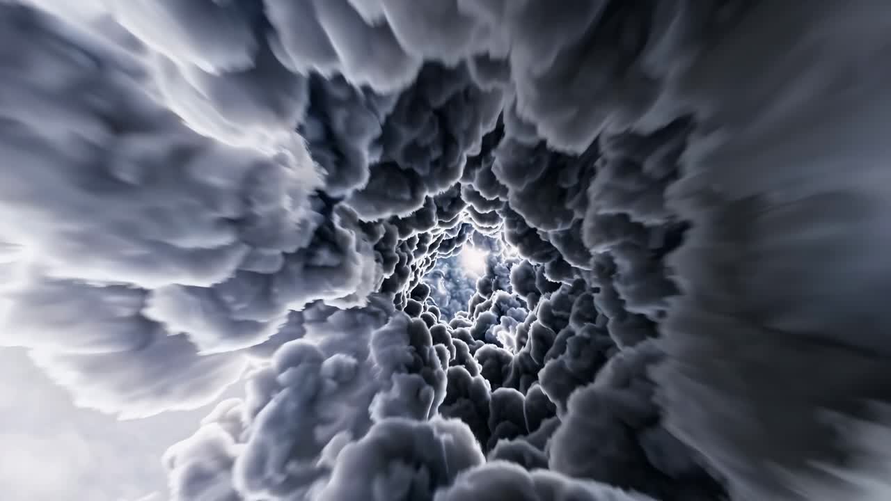 Dynamic swirling clouds create a mesmerizing tunnel effect, showcasing the gradual transition of light and shadow, evoking a sense of depth and movement through the atmospheric scene