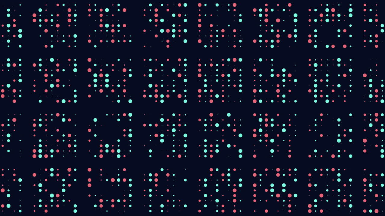 Symmetrical grid pattern of colored dots in pink, green, and blue hues on a black background. The arrangement forms an aesthetically pleasing and balanced visual on the grid