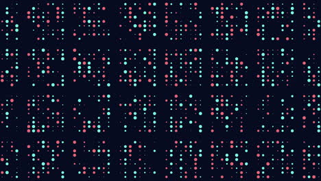 symmetrical grid pattern of colored dots in pink, green, and blue hues on a black background. the arrangement forms an aesthetically pleasing and balanced visual on the grid