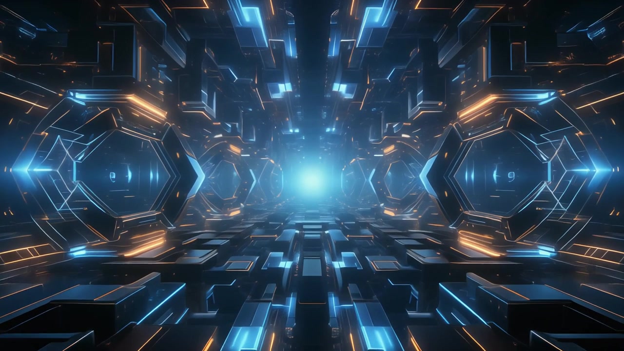 Futuristic Sci-Fi Corridor with Glowing Blue and Orange Lights