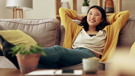 happy woman, relax and hands behind head on sofa