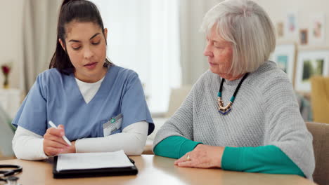 nurse, documents and senior woman with home