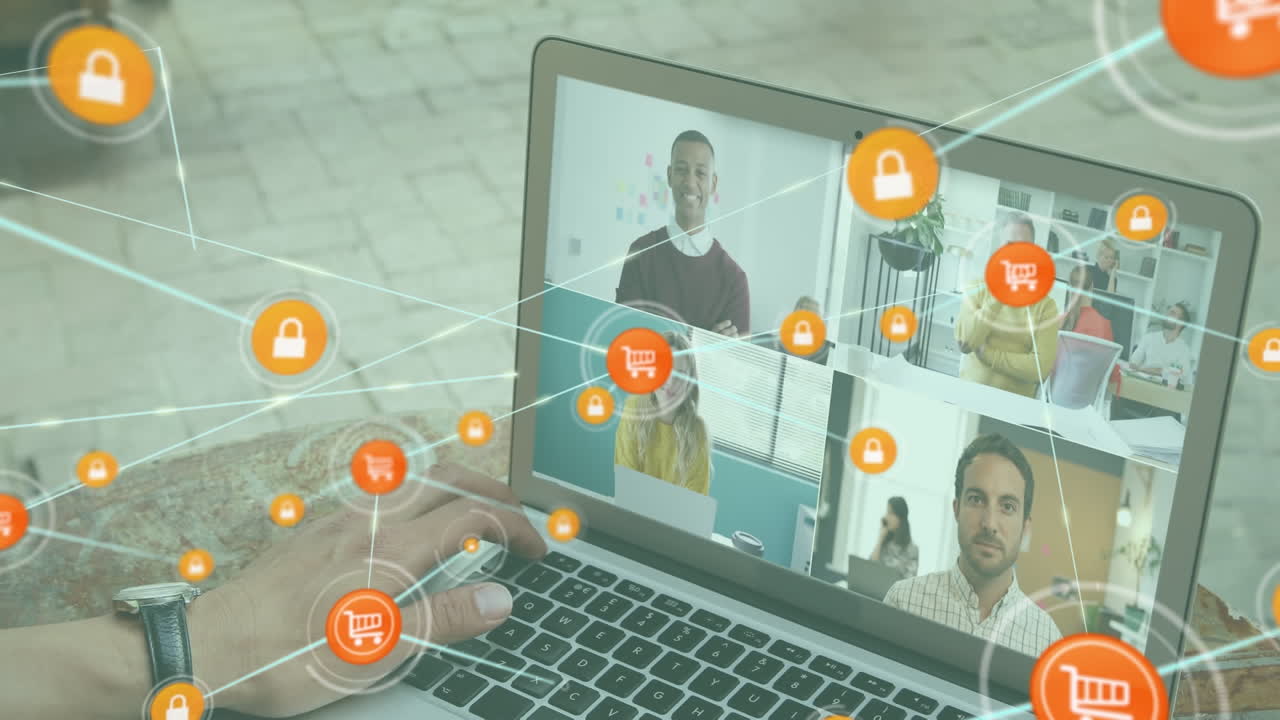 노트북 비디오 통화에서 다양한 사람들에 대한 연결 네트워크의 애니메이션