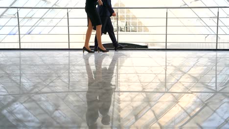 the businessman and a businesswoman walking in the office center