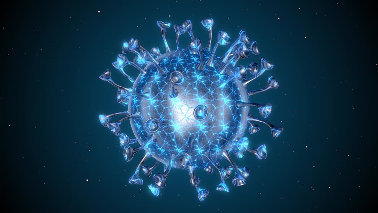 Corona COVID-19 Advarsel SOS. Pandemisk bakteriepatogen medicinsk sundhedsrisiko, immunologi, virologi, epidemiologi koncept. Mikroskopisk viruscelle. 3D-rendering loop-animation.