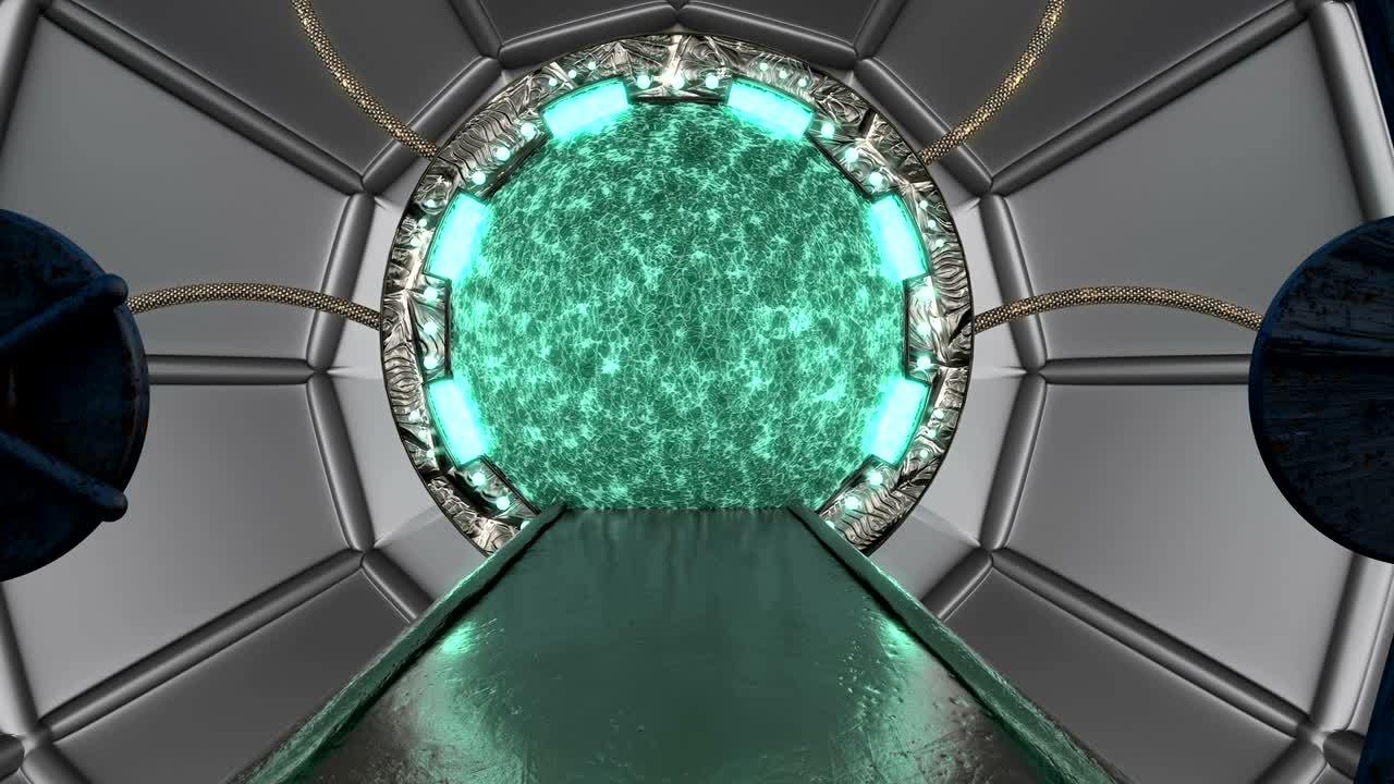 iron rusty hatch는 우주선 풍경 장면에 대한 파노라마 뷰를 열고, 포털과 함께 공상 과학 복도의 3d 추상적인 배경, 기술 제목과 배경에 대한 미래 기술 추상적 vj.