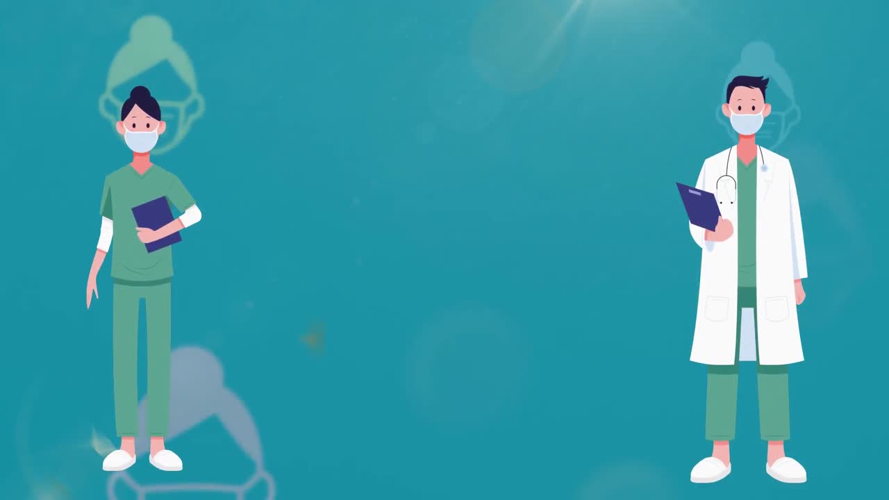 médico masculino y femenino manteniendo la distancia social contra las mujeres que llevan iconos de máscaras faciales