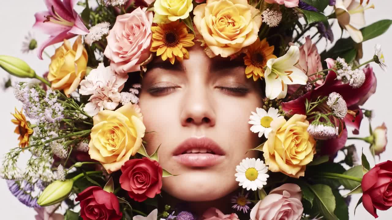 Celebrating natural beauty with vibrant floral arrangements around a serene face