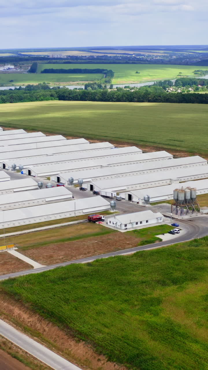 Innovative farm on beautiful landscape. Modern farm buildings on field in summer. White warehouses on green nature. Truck is moving on a road. Aerial view. Vertical video