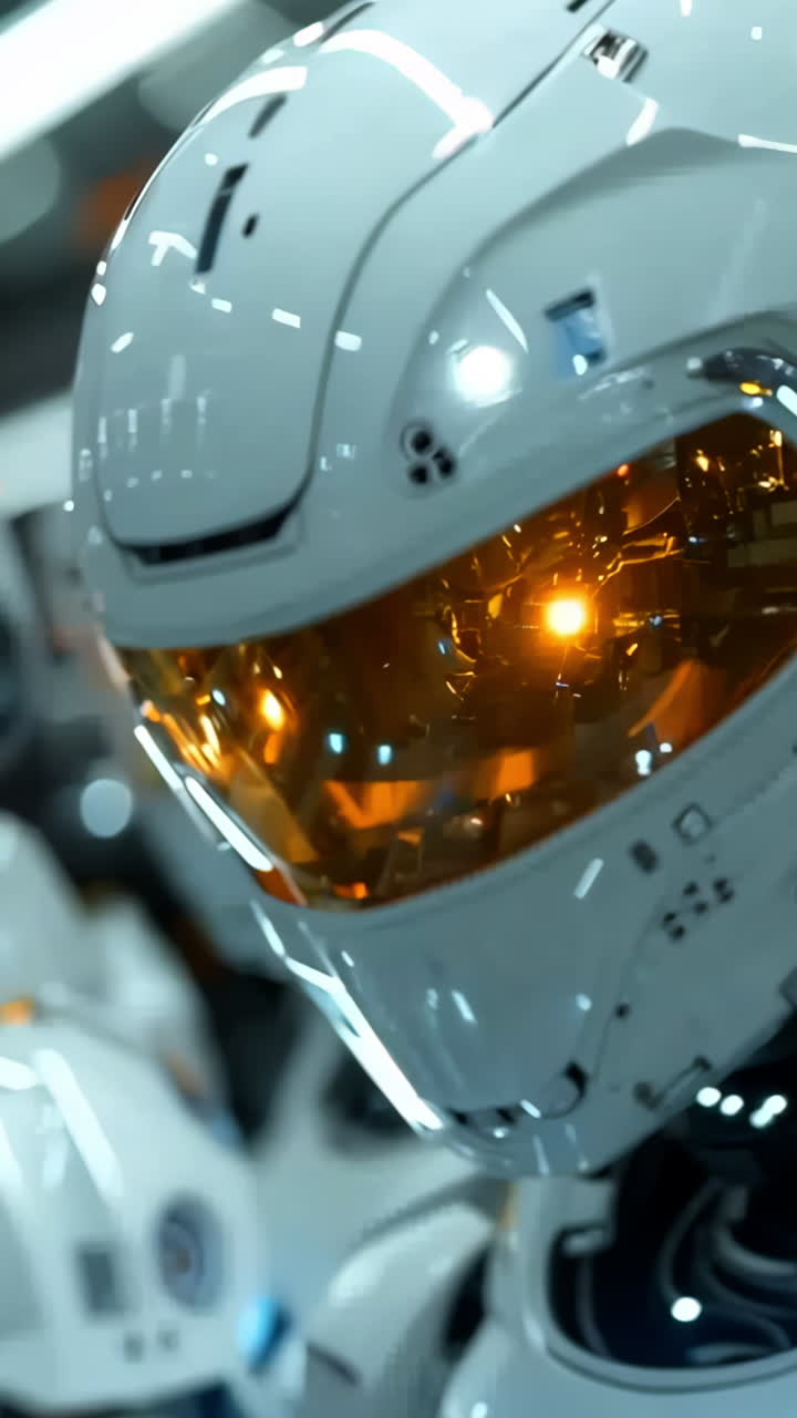 A robot with a helmet on its head. The robot is surrounded by other robots. The robots are all white and have yellow lights on their helmets