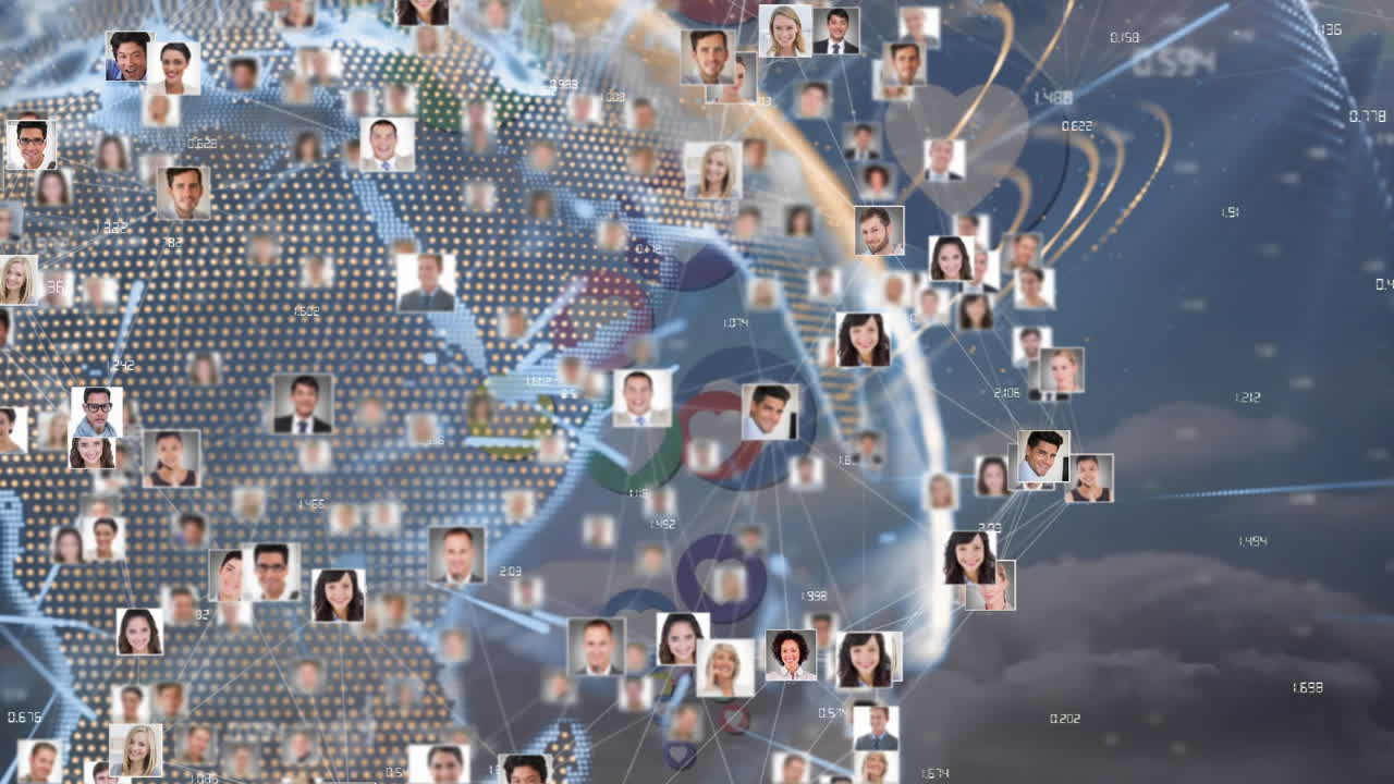 다양한 사업가들의 연결과 사진을 가진 지구상의 애니메이션