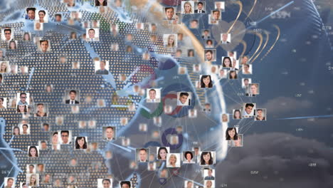 Animation-of-globe-with-connections-and-photos-of-diverse-business-people