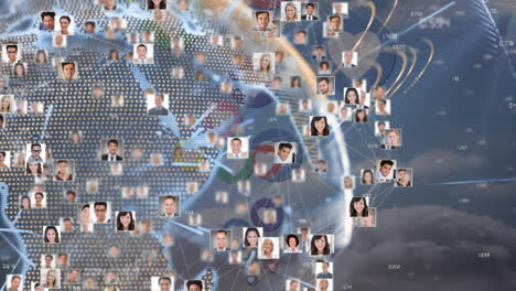animación del globo con conexiones y fotos de diversas personas de negocios