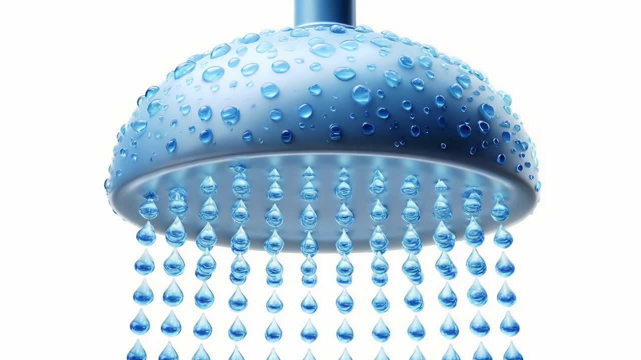 Soothing Raindrop Effect: A Close-Up View of a Beautifully Designed Blue Shower Head with Droplets of Water Cascading Down, Creating an Inviting Atmosphere for Relaxation and Refreshment