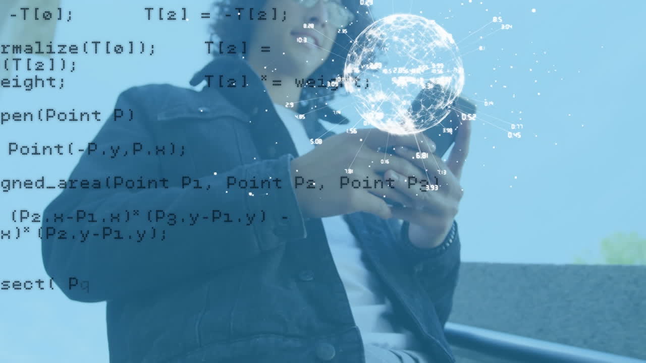 스마트 폰을 사용하는 두 인종 남성을 대상으로 한 데이터 처리 애니메이션