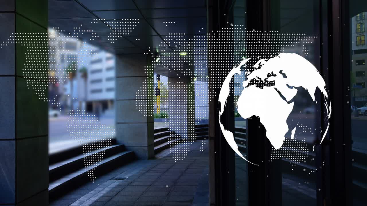 On start, white globe rotating and shifting while dotted map pulsing to show global data