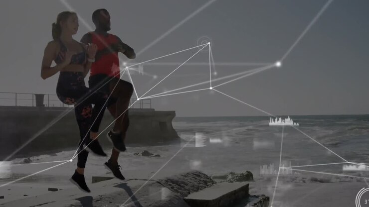 Animation of network of connections over woman and man exercising outdoors