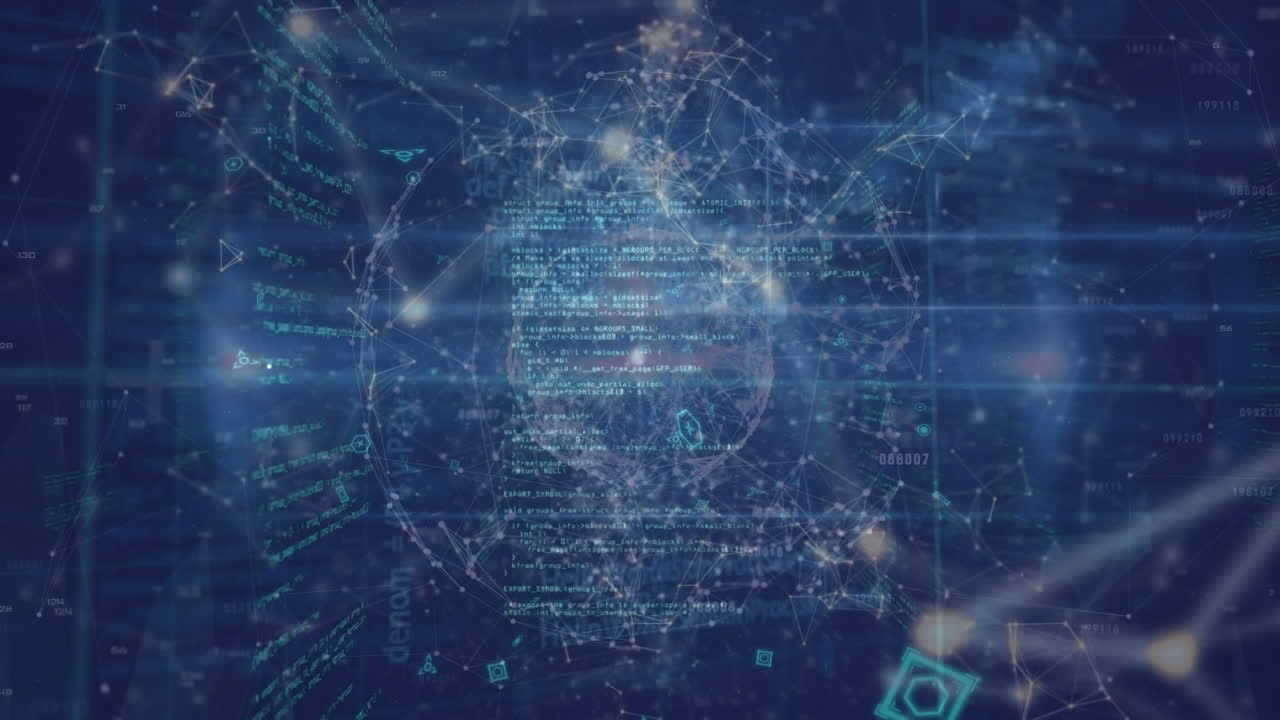 animación de reloj de neón y globo de la red de conexiones y procesamiento de datos