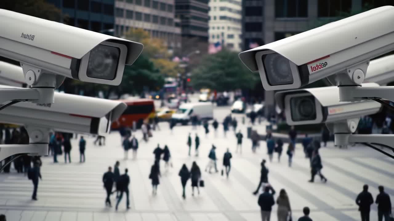 Surveillance Cameras Monitoring an Urban Area with Pedestrians Walking Across a Busy Intersection in a Modern Cityscape