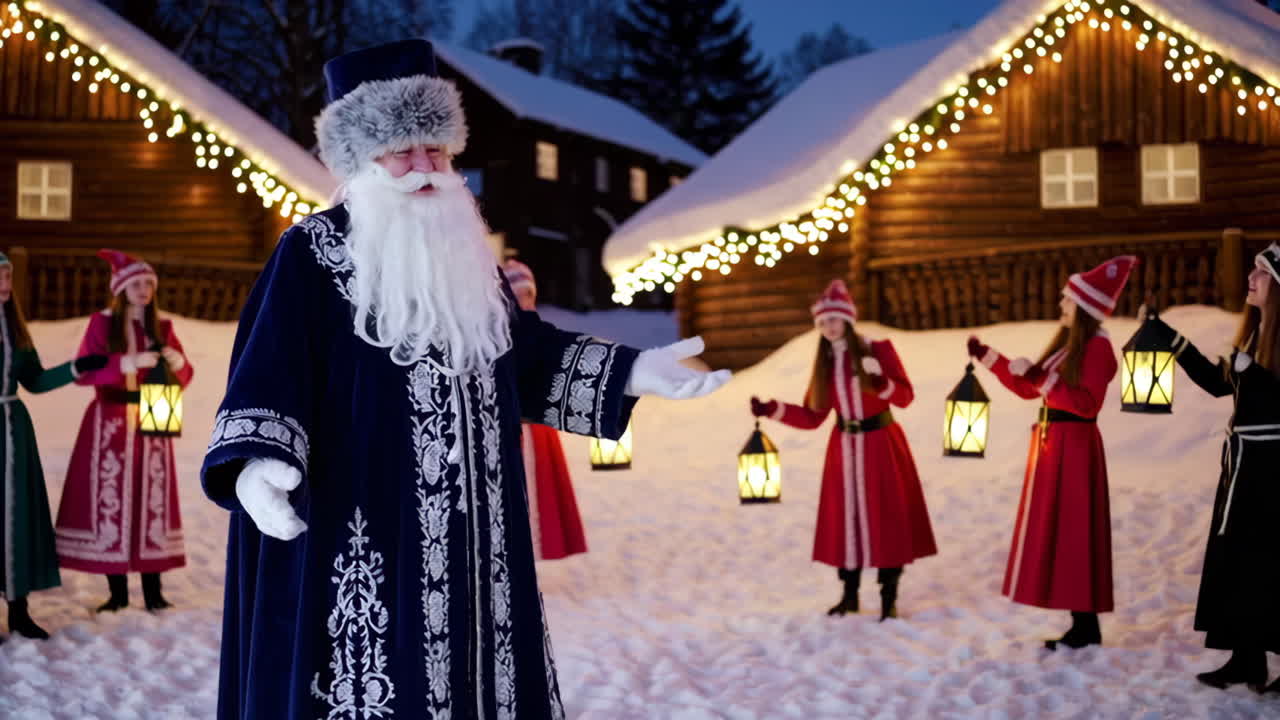 Babbo Natale russo e bambini con lanterne in un villaggio innevato di notte