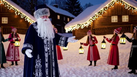 russian santa claus and children with lanterns in a snowy village at night