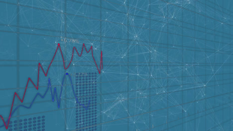 Animation-of-stock-market-display-with-network-of-connections-on-blue-background.-