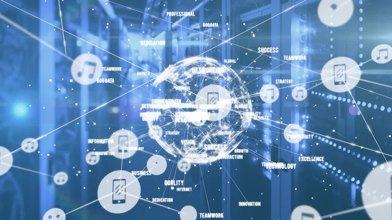 지구의 애니메이션, 아이콘과 연결의 네트워크 및 컴퓨터 서버를 통한 데이터 처리