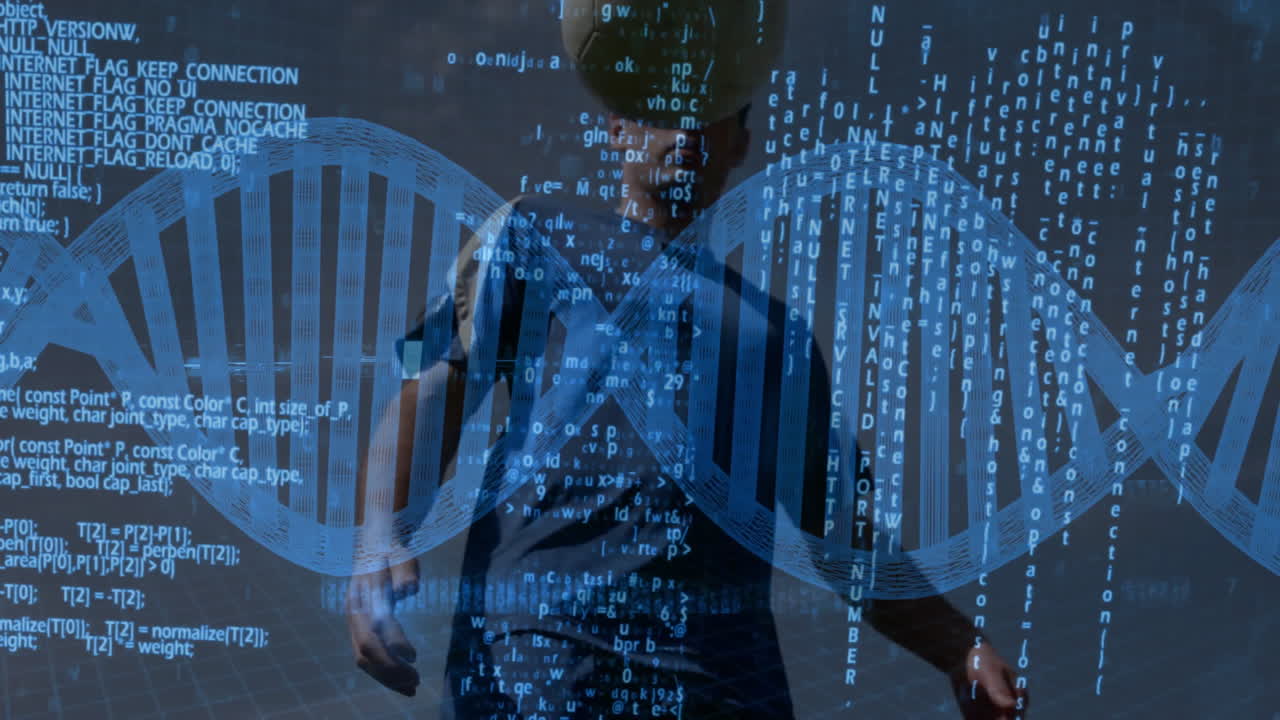 man wearing VR headset exploring virtual biotech grid with DNA helix and code streams