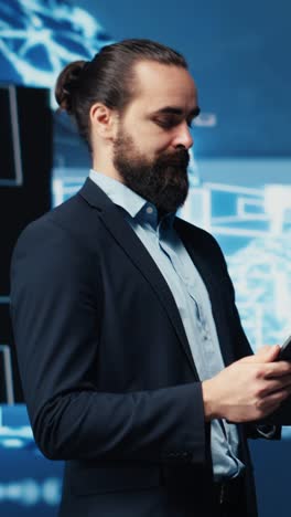vertical video businessman working with digital ai neural networks system for machine learning