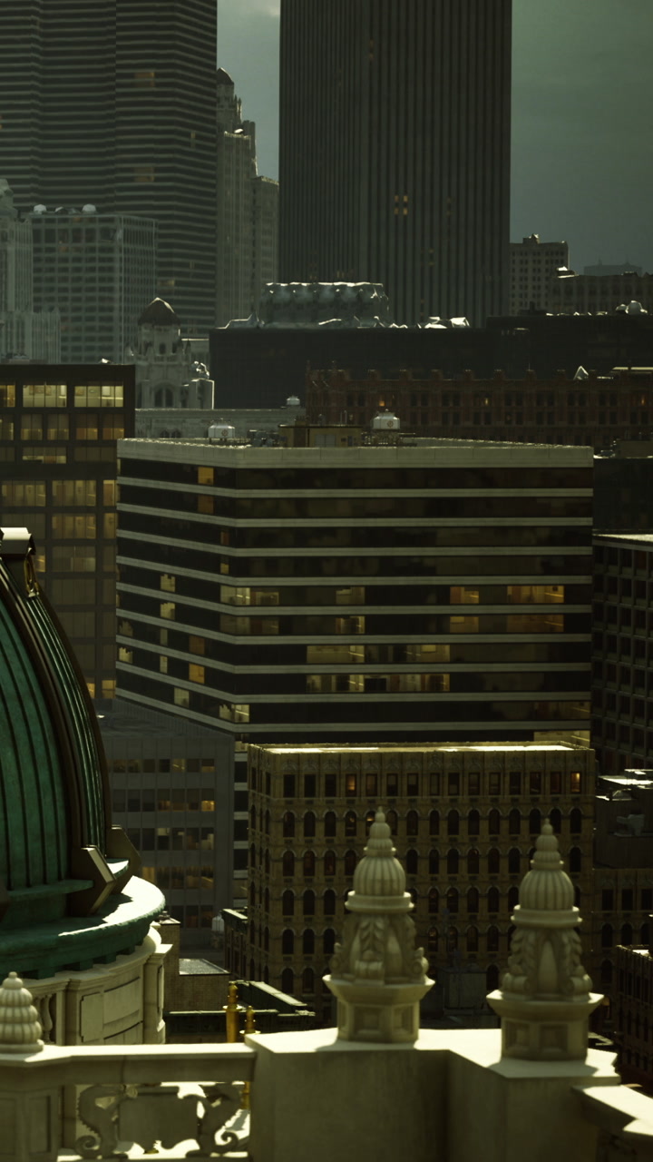 Urban skyline shimmering under evening light with busy cityscape details