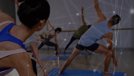 animation of data processing over group practicing yoga, meditating