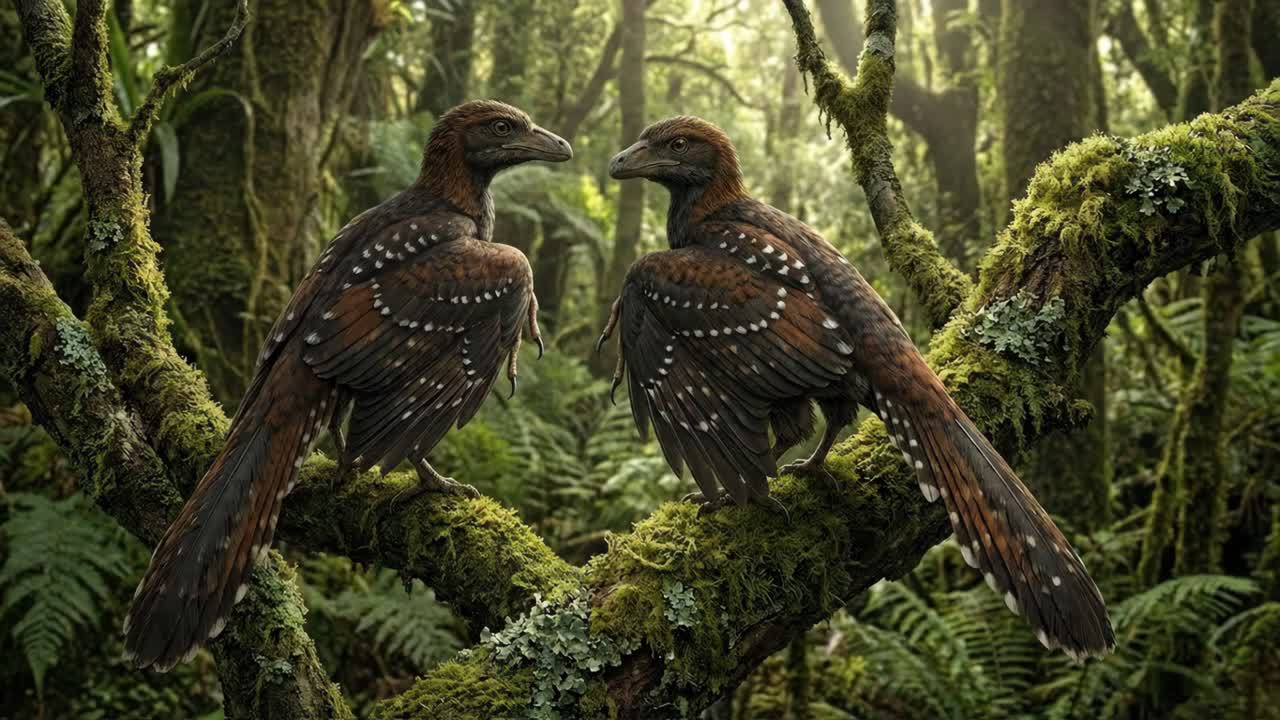 Illustrazioni di Archeopterix in una foresta