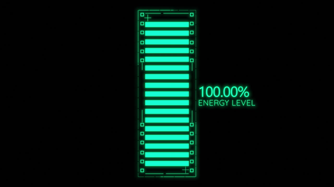 Full charge power indicator screen green bars digital energy text and black technology background