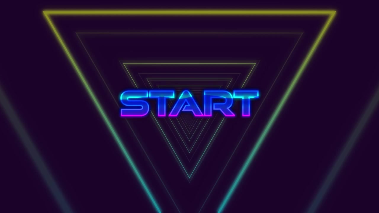 Animation of start text over moving colorful geometrical shapes on dark background