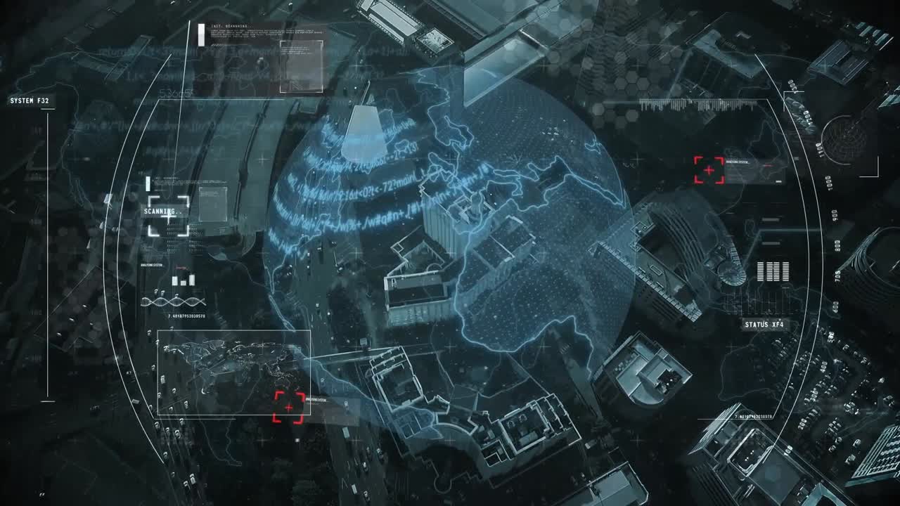 Ariel view of target over city with global technology connection and alpha channel