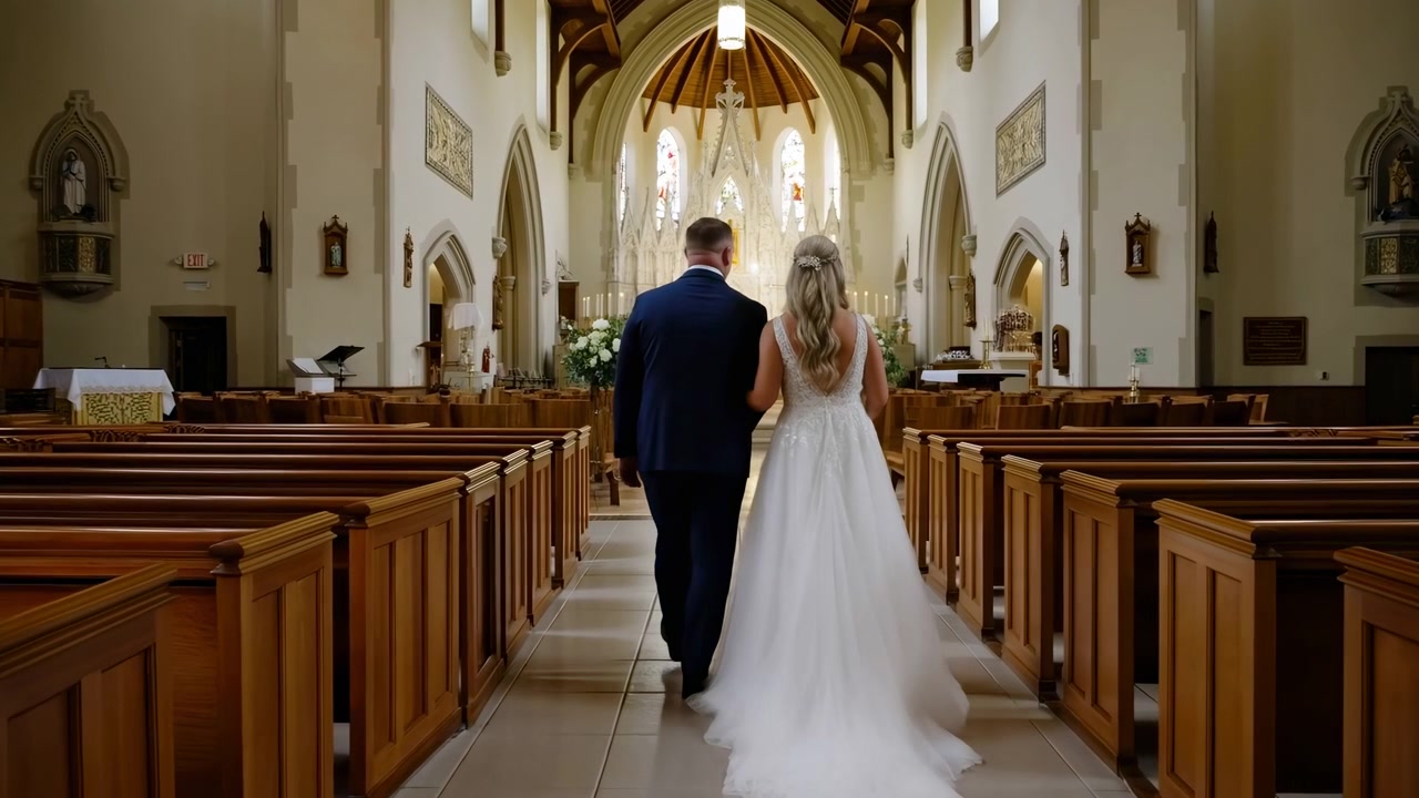 Vista posteriore di una sposa e uno sposo che camminano insieme lungo la navata centrale di un interno di chiesa, incorniciati simmetricamente tra i banchi di legno. La sposa indossa un abito bianco con un lungo strascico e lo sposo indossa un abito scuro, con luce diurna calda e luce interna soffusa che conduce verso l'altare.