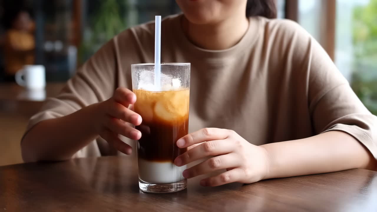 Person drinking an iced layered beverage in a cafe