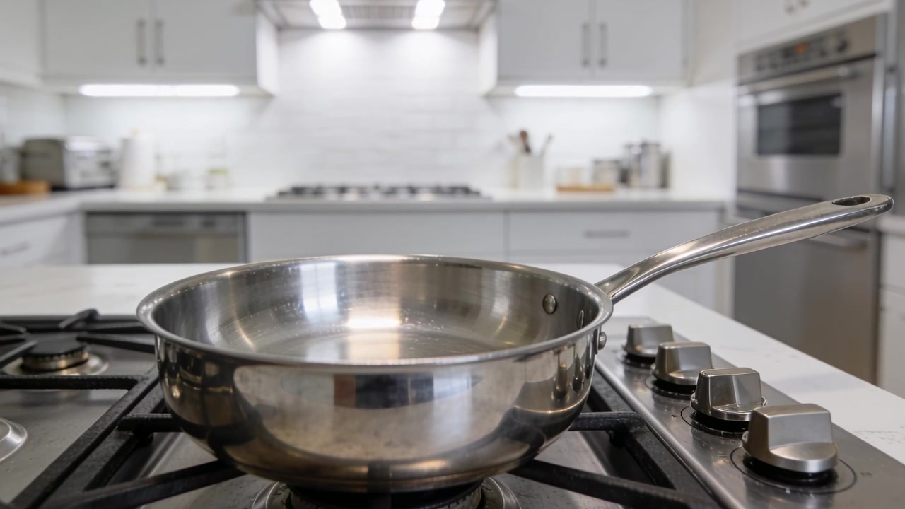 Zooming camera revealing steel saute pan on unlit burner in home kitchen, showing riveted handle