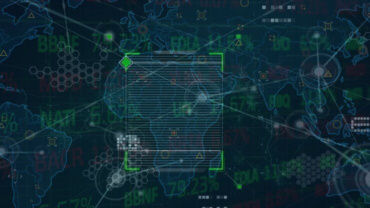 Animation of data processing and network of connections over stock market and world map