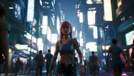 a futuristic woman with vibrant pink hair strides confidently through a neon-lit city, surrounded by an urban crowd, showcasing her cybernetic arm and bold style amid towering skyscrapers.