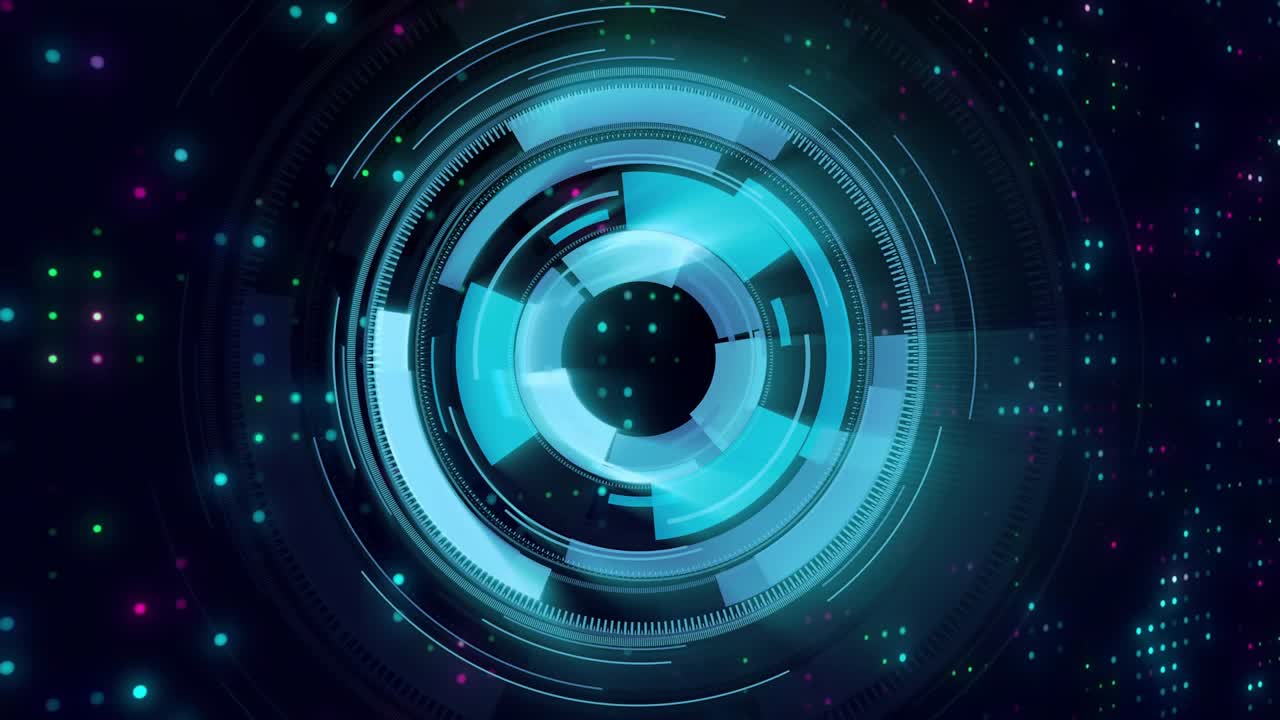 Segmented cyan ring appearing, central HUD graphic assembling, rotating, pulsing, visualizing data