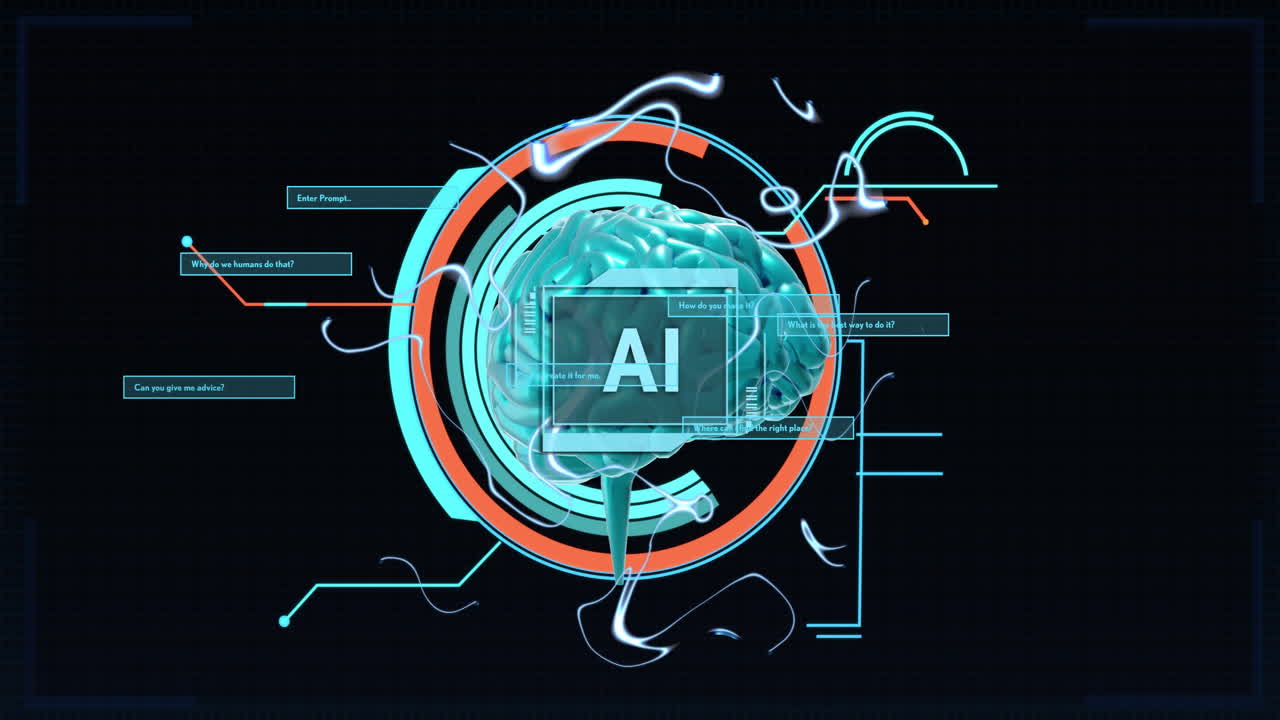 Animation of ai text, brain and data processing over black background