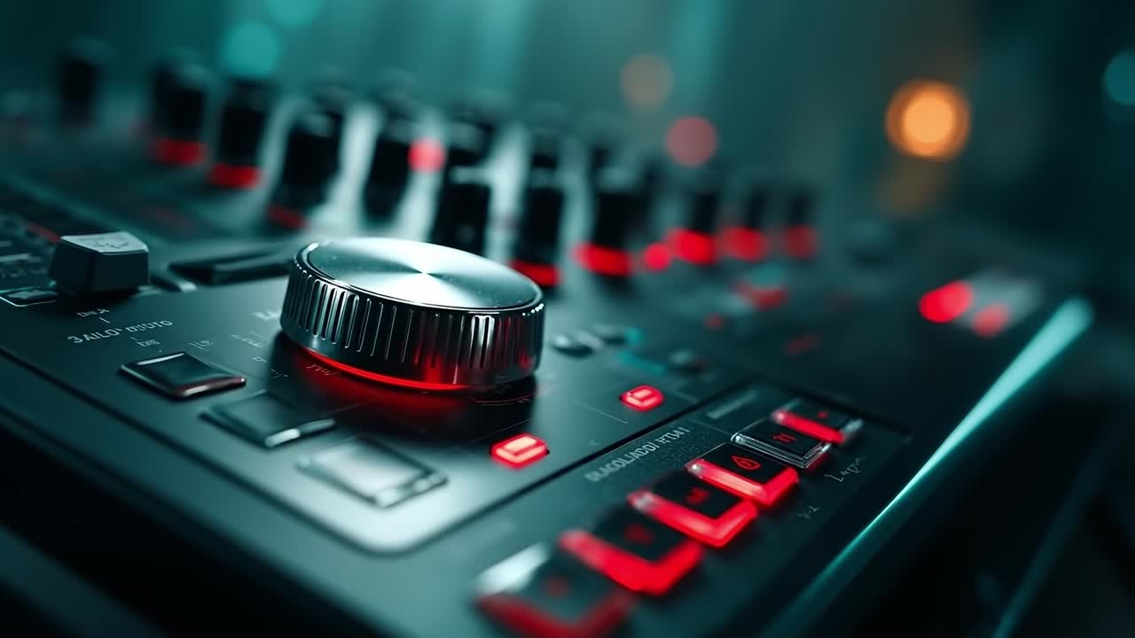 A close up of a mixing board with red knobs