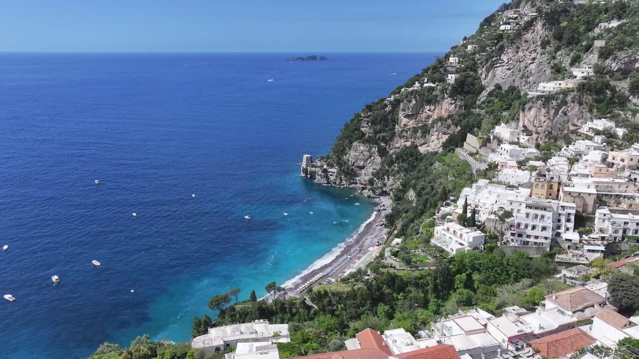 Amalfi Coast At Positano In Salerno Italy. Beach Landscape. Tourism Landmark. Amalfi Coast At Positano In Salerno Italy. Gulf Of Salerno Skyline. Coastal Cityscape. Mediterranean Sea
