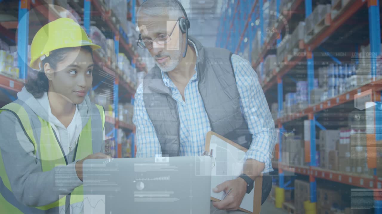 animación de estadísticas y procesamiento de datos financieros sobre hombres y mujeres que trabajan en almacenes