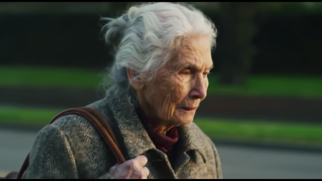 A Reflective Journey: An Elderly Woman Walking Through an Urban Landscape, Embracing the Passage of Time and Memories Along the Way
